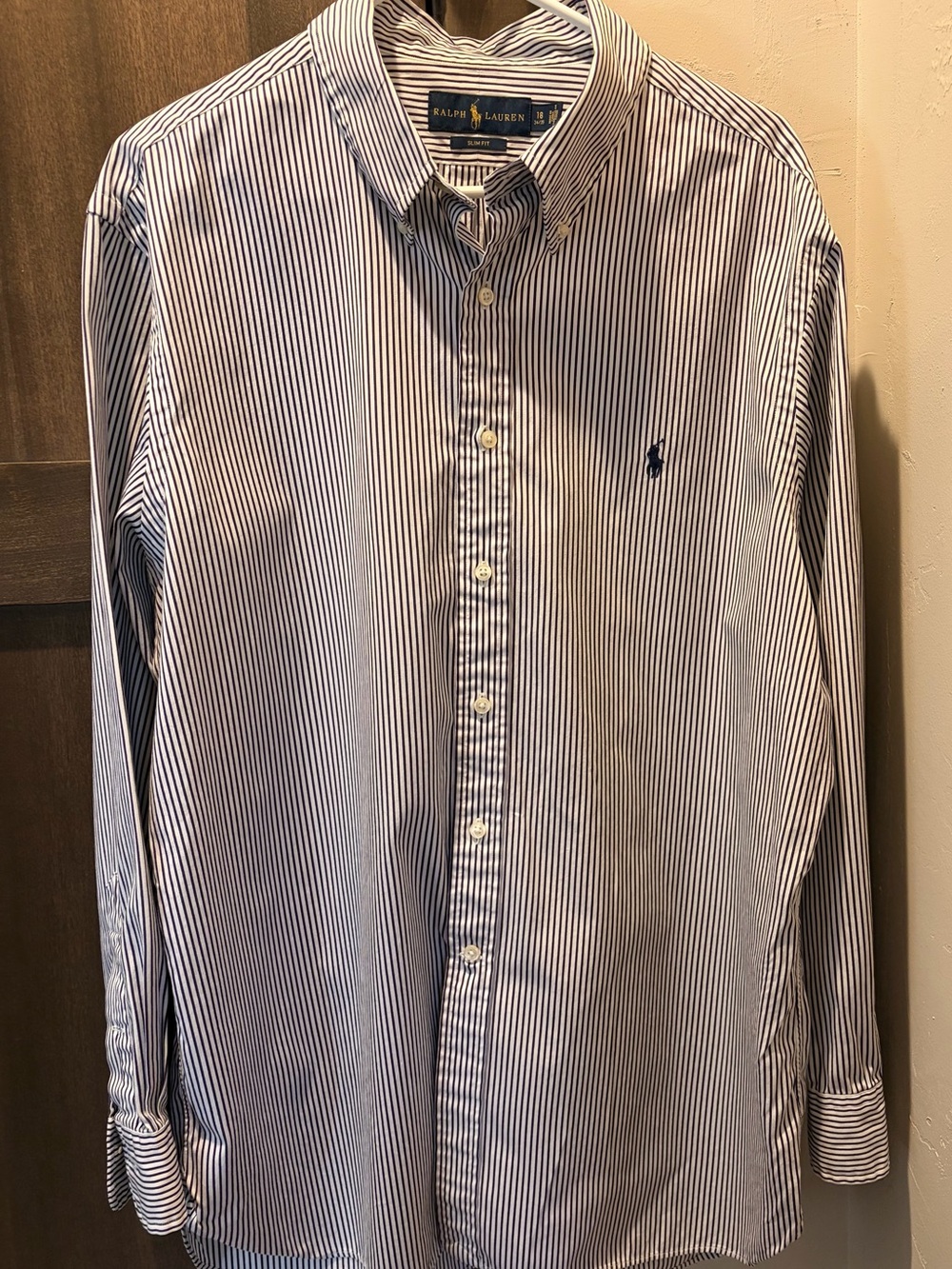 Ralph Lauren Men’s 18 Slim Fit Navy Stripe Button-Up Shirt